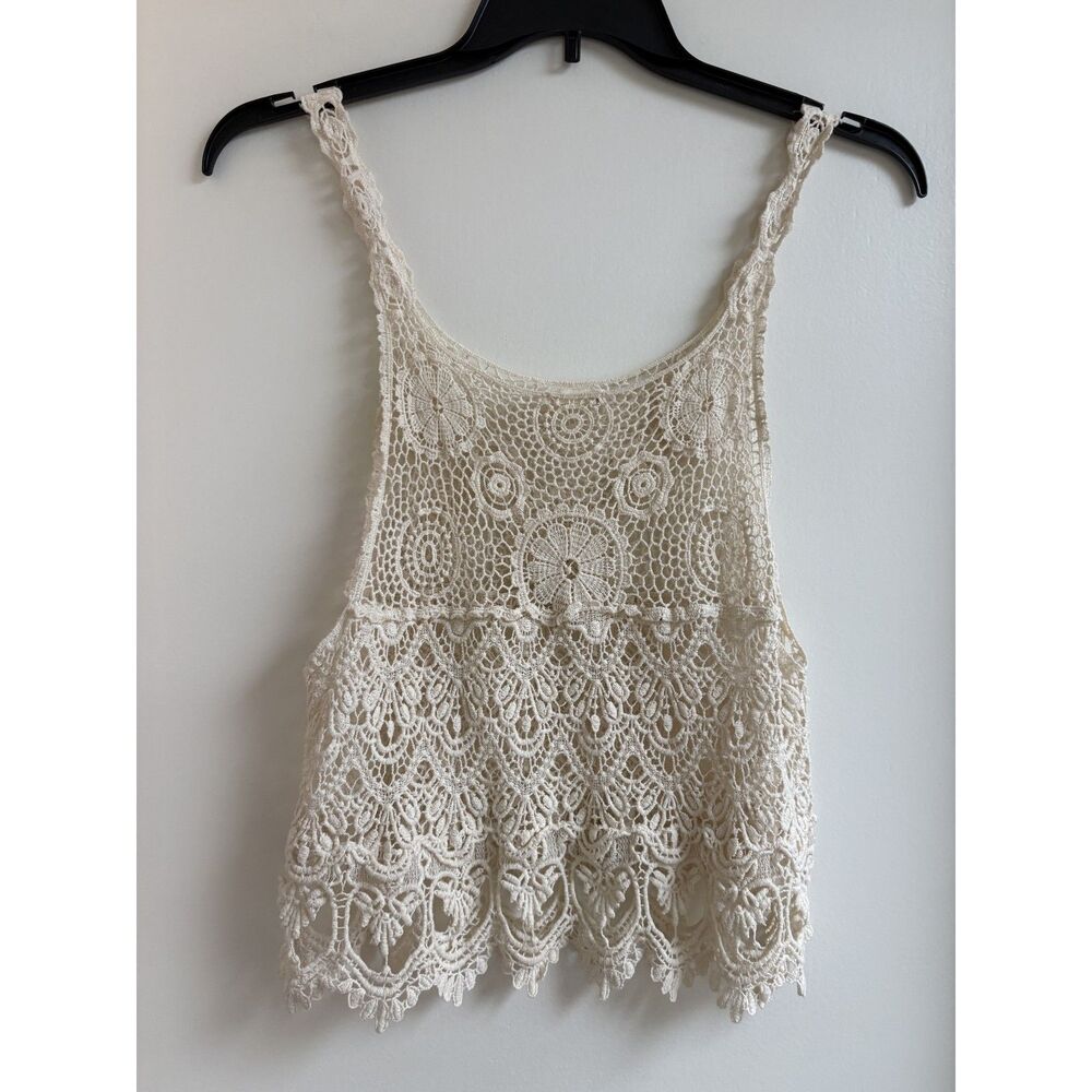 Debut Cream Lace Crochet Tank M L Vtg Floral Overlay Boho Resort Swim Cover Y2K - Picture 2 of 9
